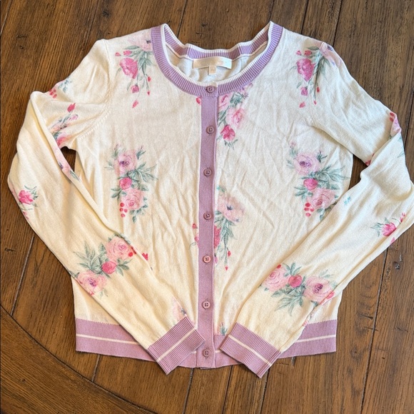 LoveShackFancy Sweaters - LoveShackFancy Cream Cardigan with Lilac Trim